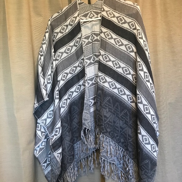 White&Gray Express Poncho w/ Fringe - Picture 1 of 5